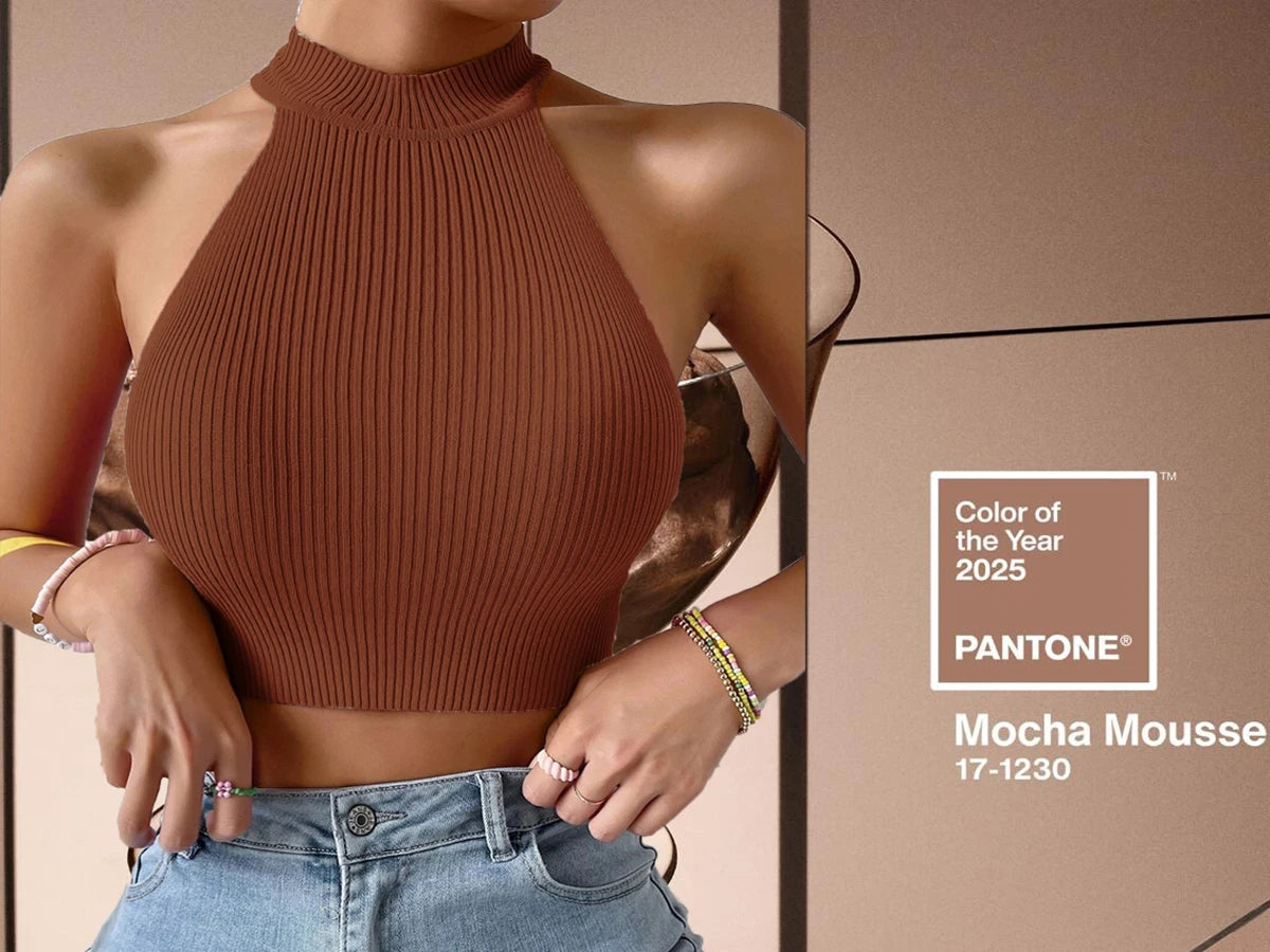 Rippstrick Halter Crop Top – Sexy Rückenfreies Basic Top im Y2K-Stil